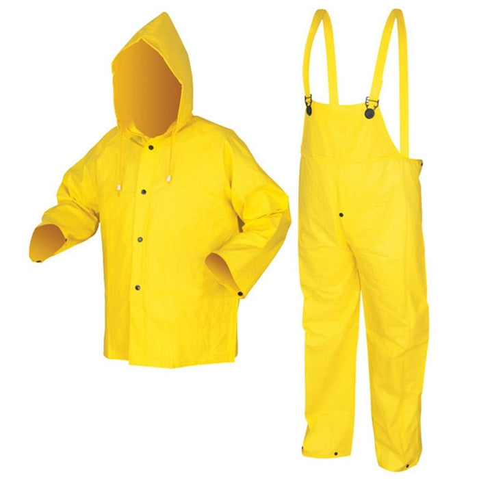 MCR Safety PVC/Nylon 3 Piece Suit, Detachable Hood, Snap Front Jacket and Bib Pants, Yellow, 3003