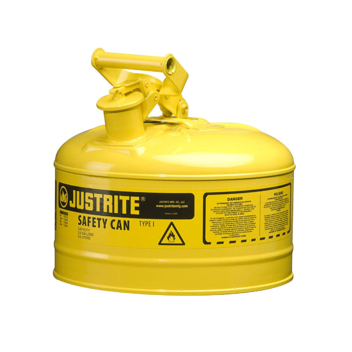 Justrite 7125200 Type I Steel Safety Can for Diesel, 2.5 Gallon, Yellow