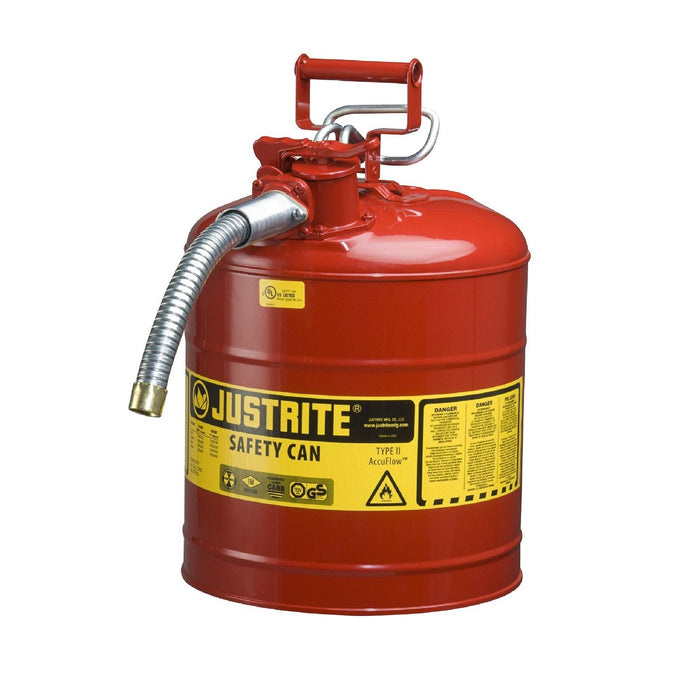 Justrite 7250130 Type II AccuFlow Steel Safety Can for Flammables, 5 Gallon, 1-Inch Metal Hose, Red