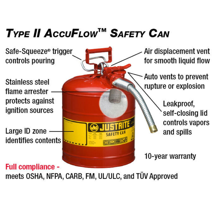 Justrite 7250130 Type II AccuFlow Steel Safety Can for Flammables, 5 Gallon, 1-Inch Metal Hose, Red