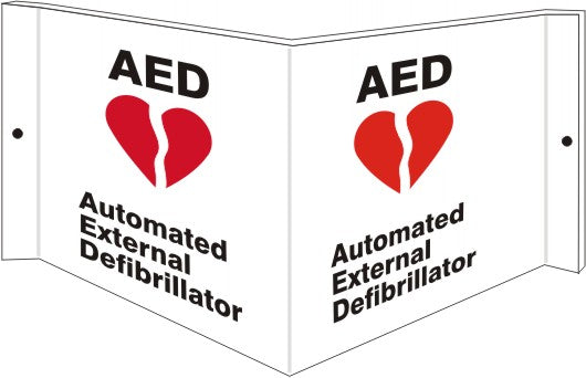 "AED RED HEART WITH FLASH " - Projecting Wall Sign, Acrylic, 6"x12"