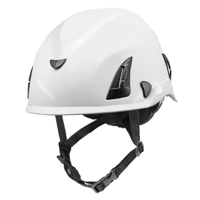 White Climbing Style Protective Helmet with Six-Point Ratchet Suspension and Four-Point Chin Strap - HH-CH1-W